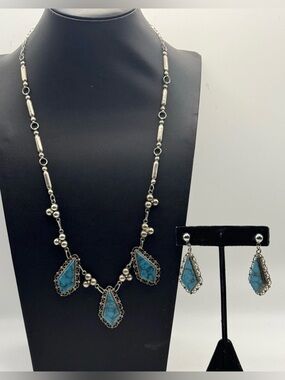 Vintage Sterling Silver Mexican Matrix Turquoise Necklace & Earrings Jewelry Set